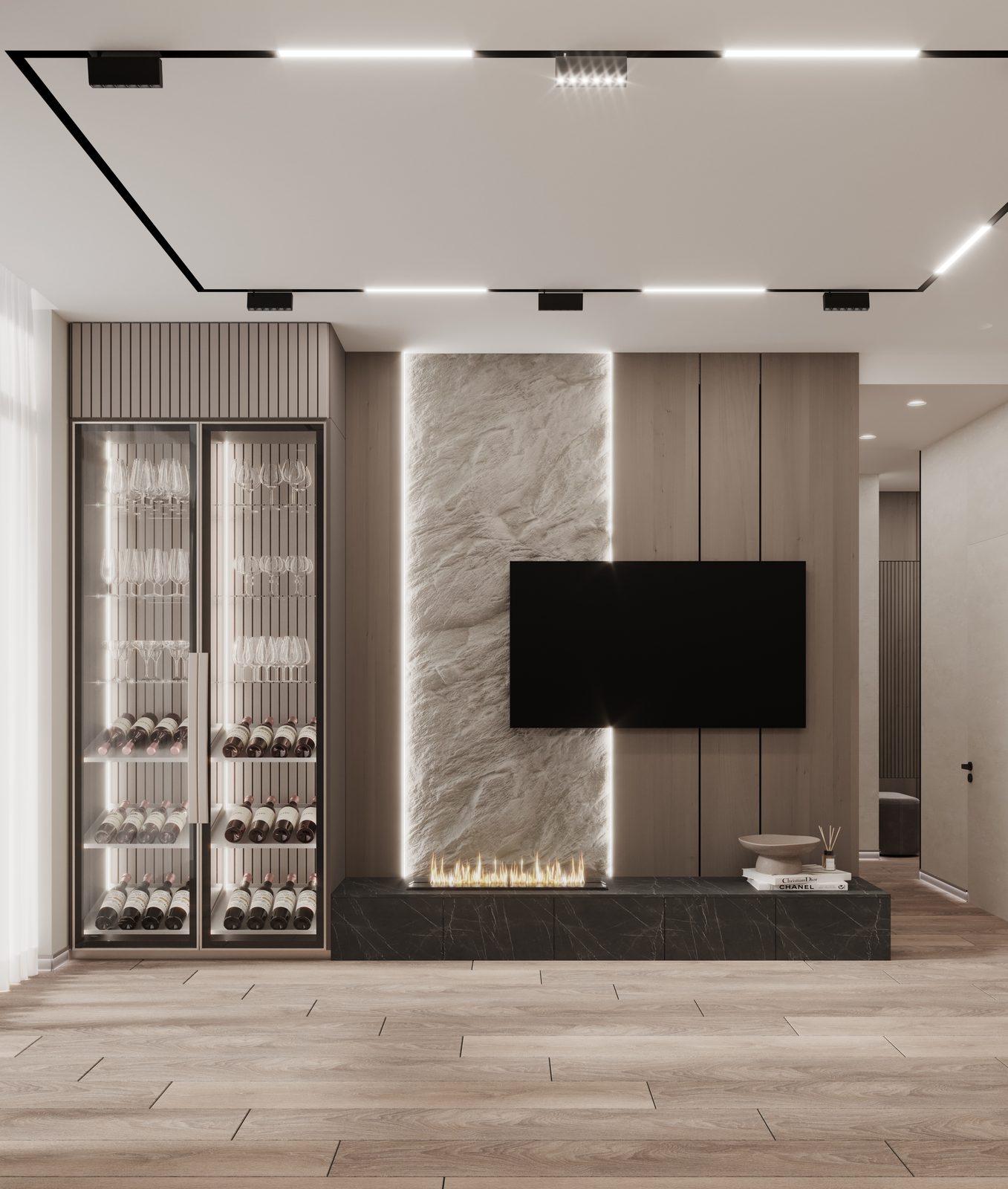 Living room with a stone-look TV wall, fireplace and glass wine cabinet