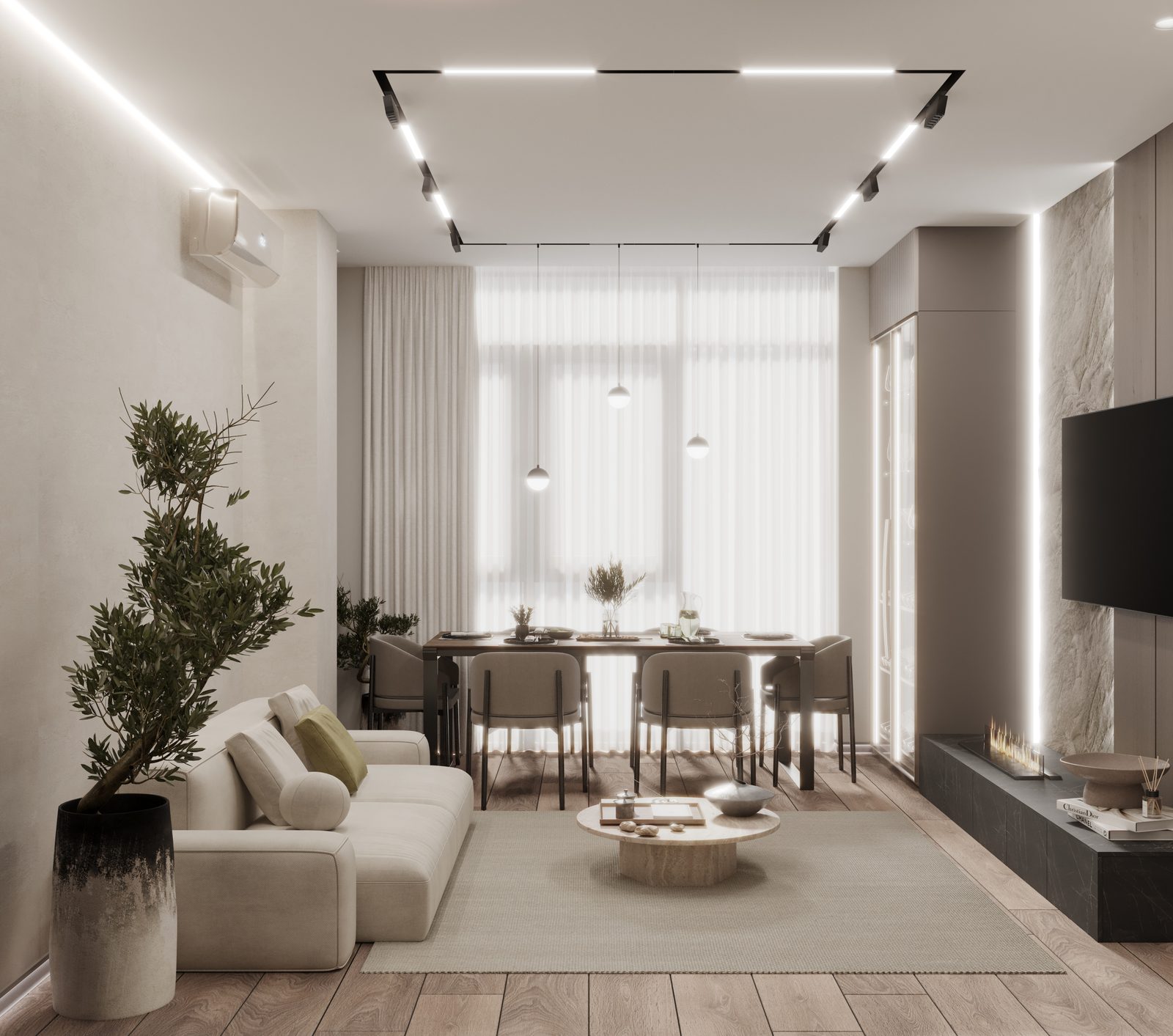 Bright living and dining room with a white sofa, round coffee table and potted tree