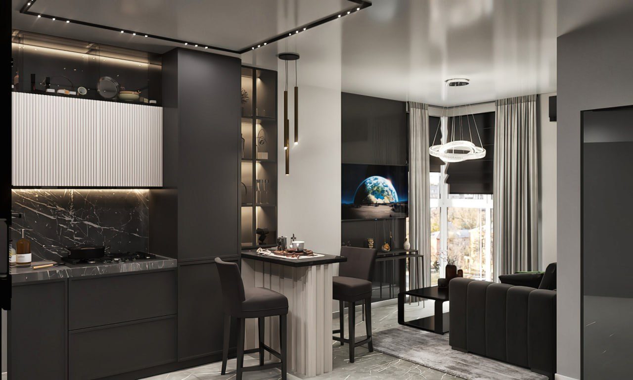 Open-plan kitchen with a breakfast bar and living area