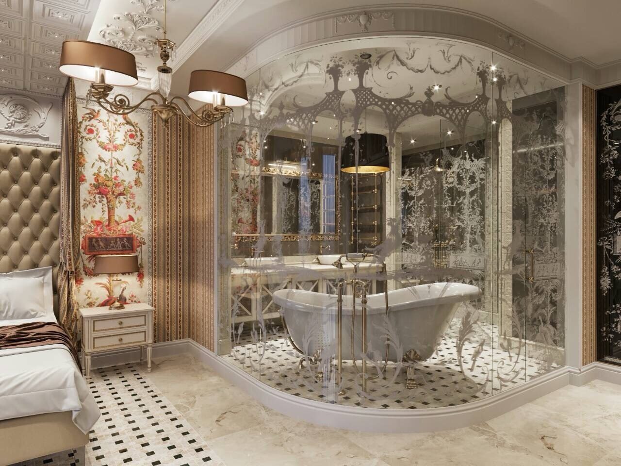 Bedroom with a glass-enclosed bathroom and freestanding bathtub
