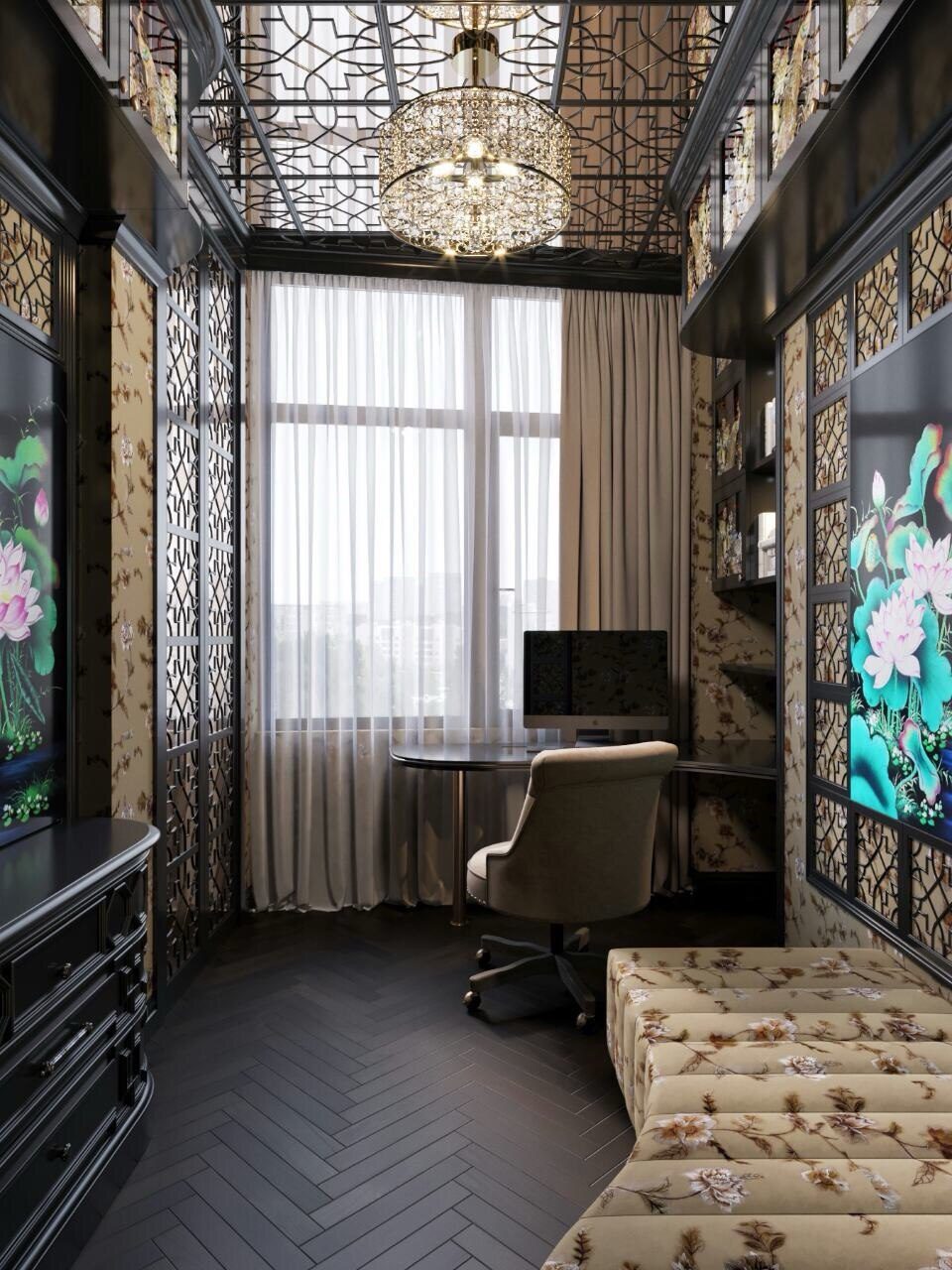 Home office with a crystal chandelier and patterned wall panels