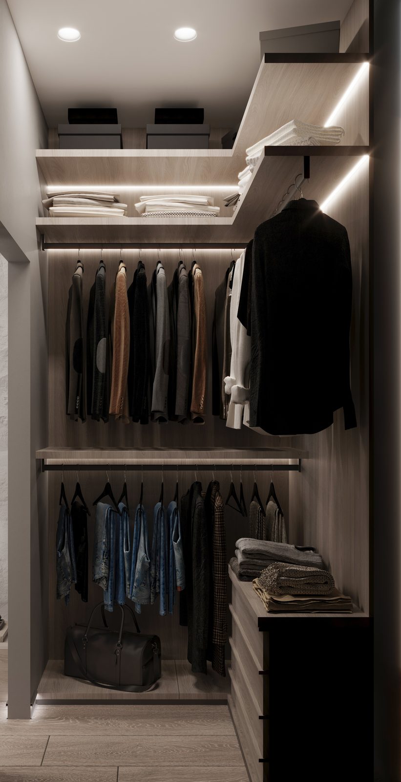 Walk-in wardrobe with open shelving and LED lighting