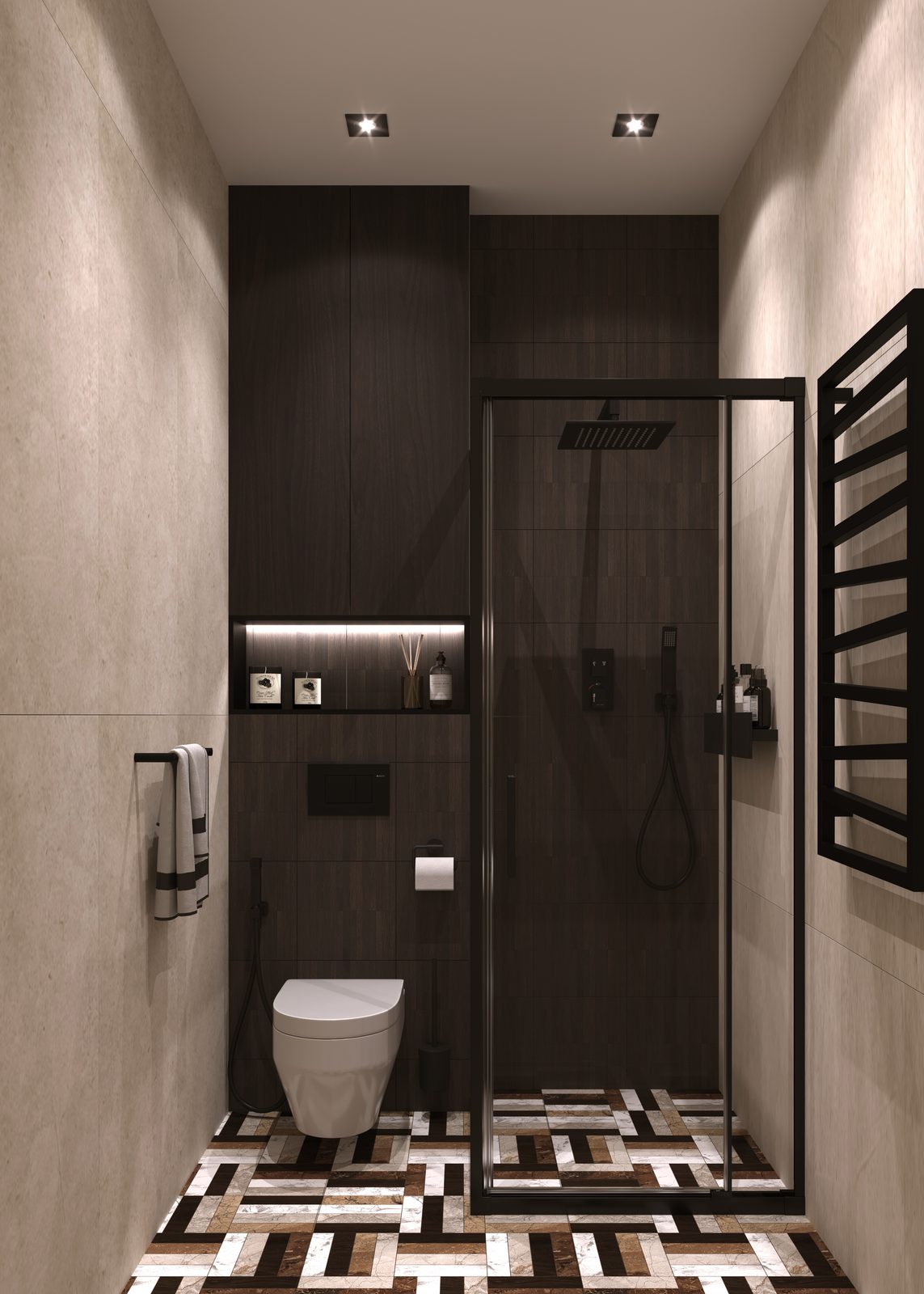 Bathroom with a glass shower, black towel rail and patterned floor tiles