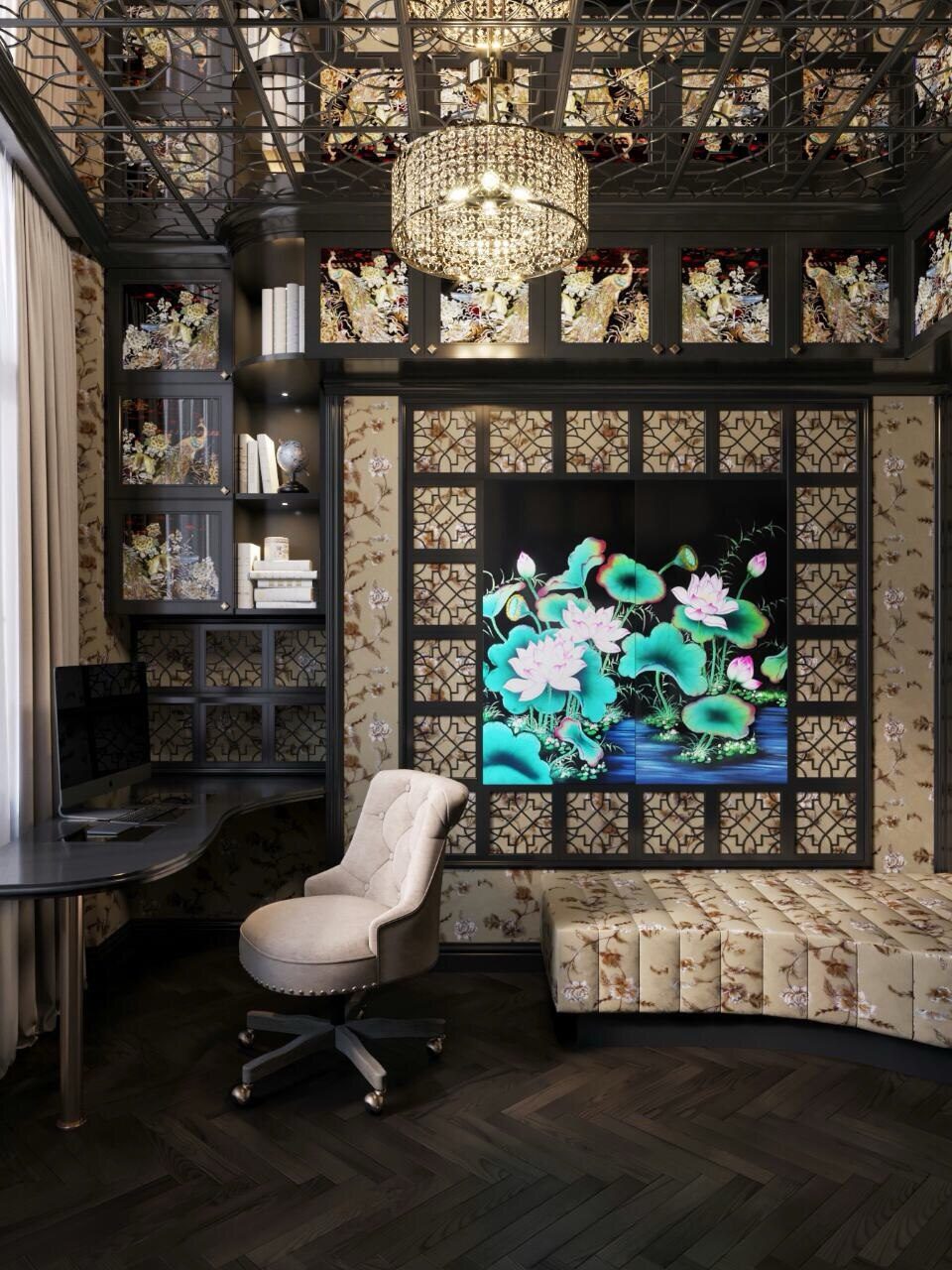Home office with decorative wall panels, crystal chandelier and armchair