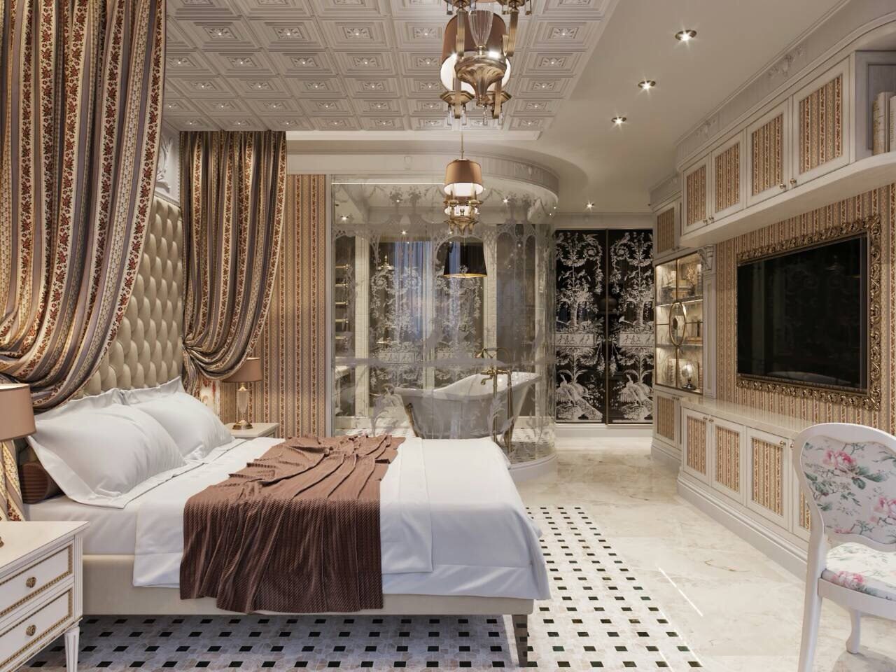 Classic bedroom open to a bathroom with a freestanding bathtub