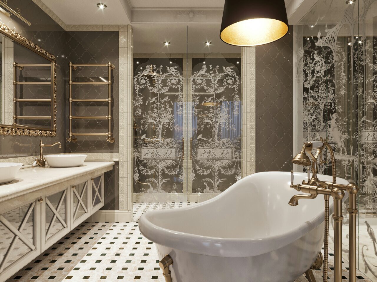 Bathroom with a freestanding bathtub, brass fixtures and decorative glass panels