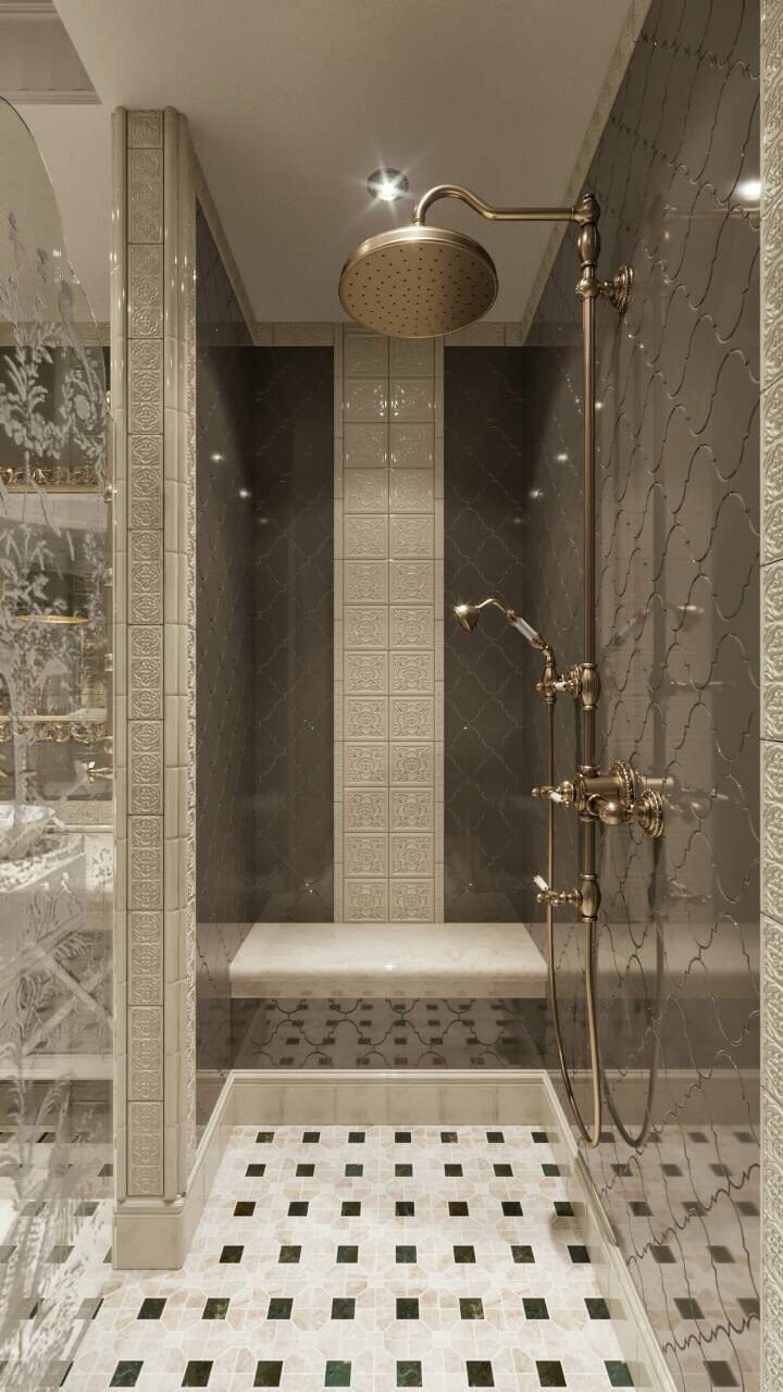 Shower with a rain shower head and black-and-white mosaic floor