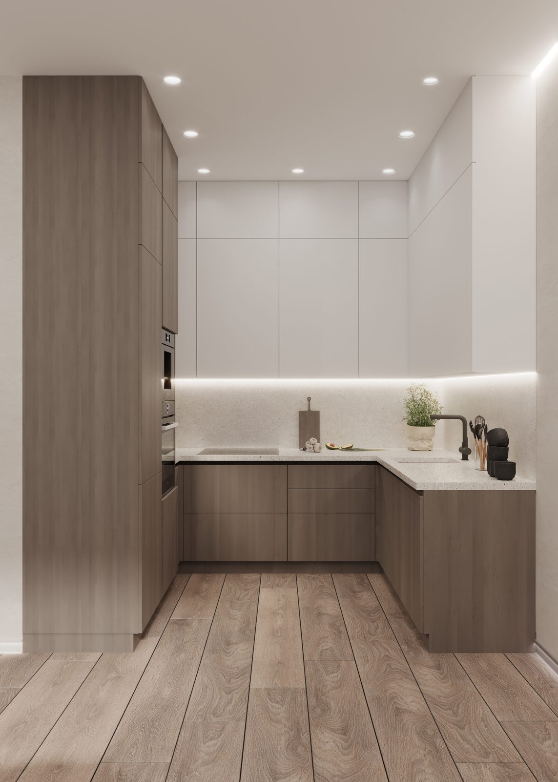 Compact kitchen with wood-look cabinets and white upper units