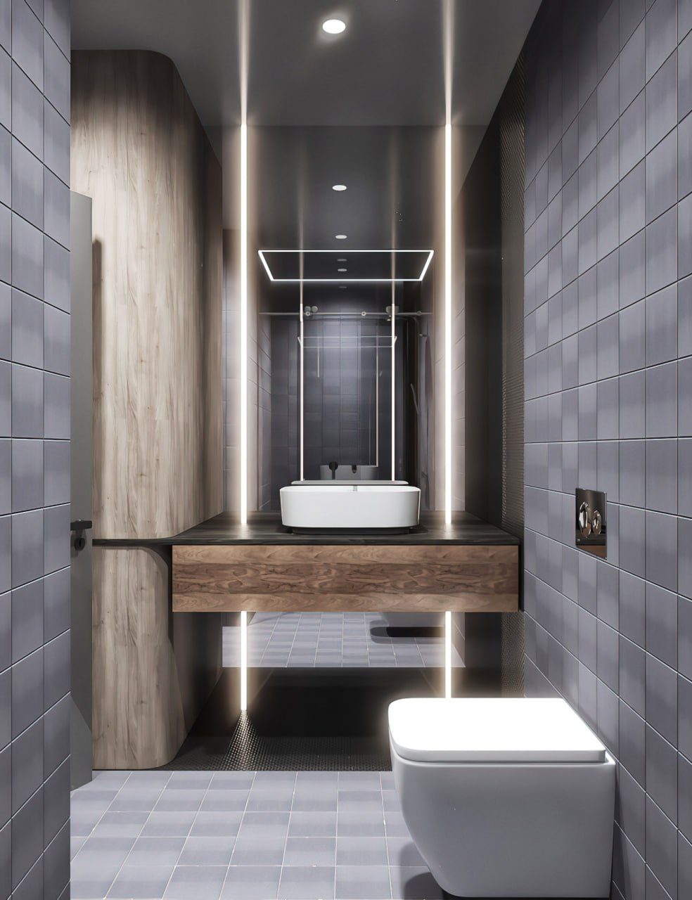 Dark grey bathroom with a floating vanity and backlit mirror