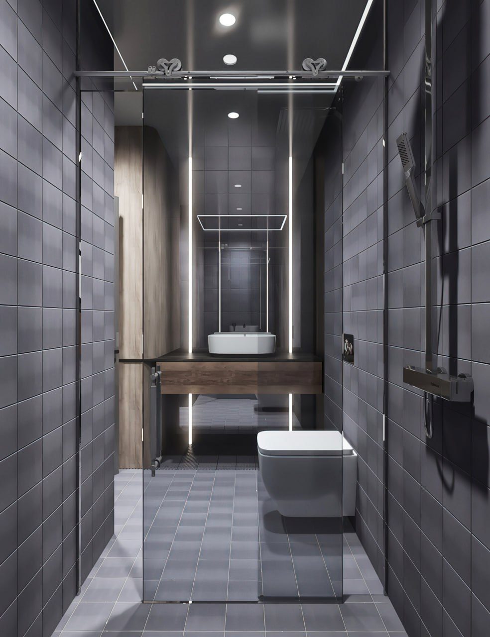 Dark grey bathroom with LED lighting