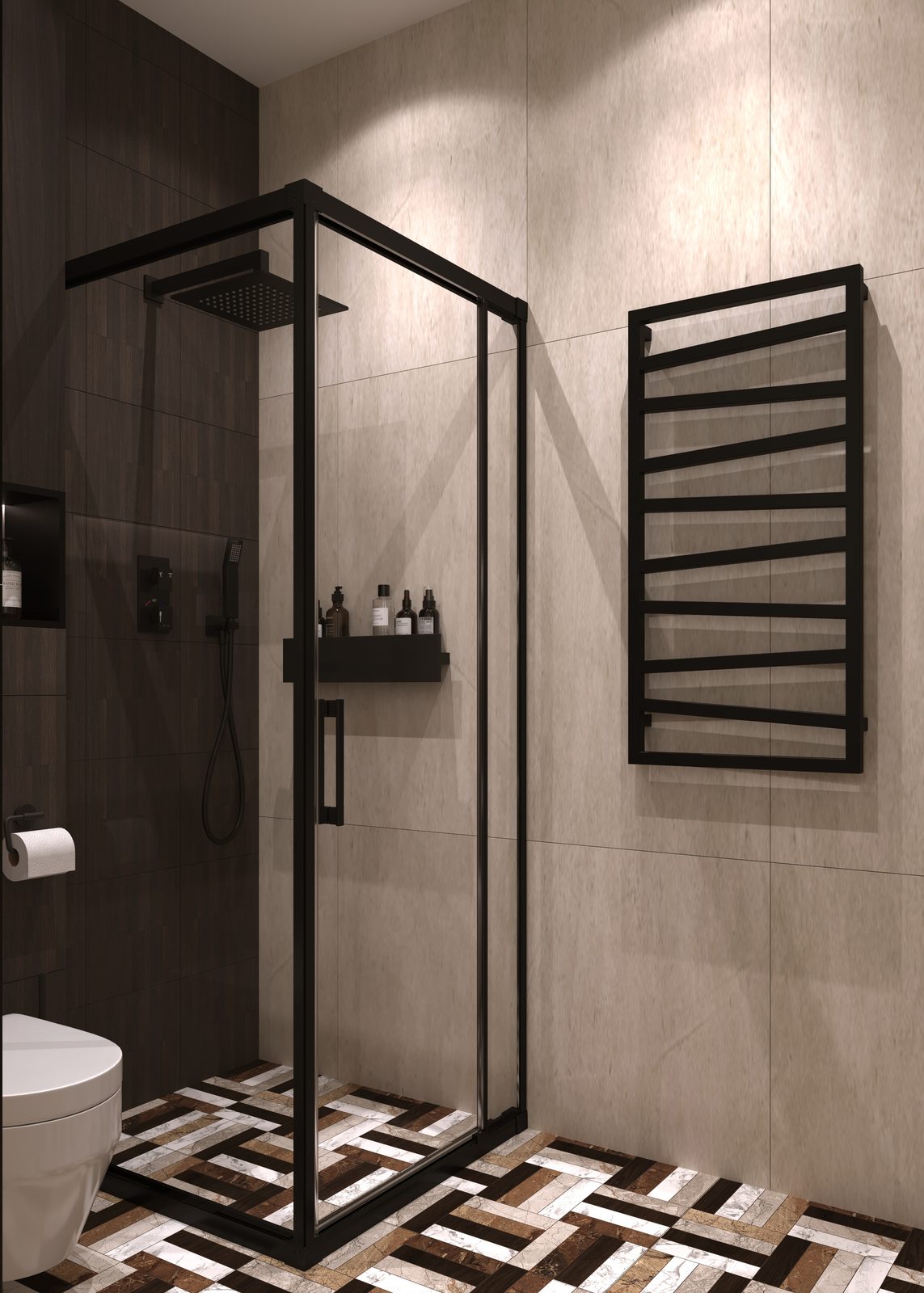 Shower room with a black towel rail
