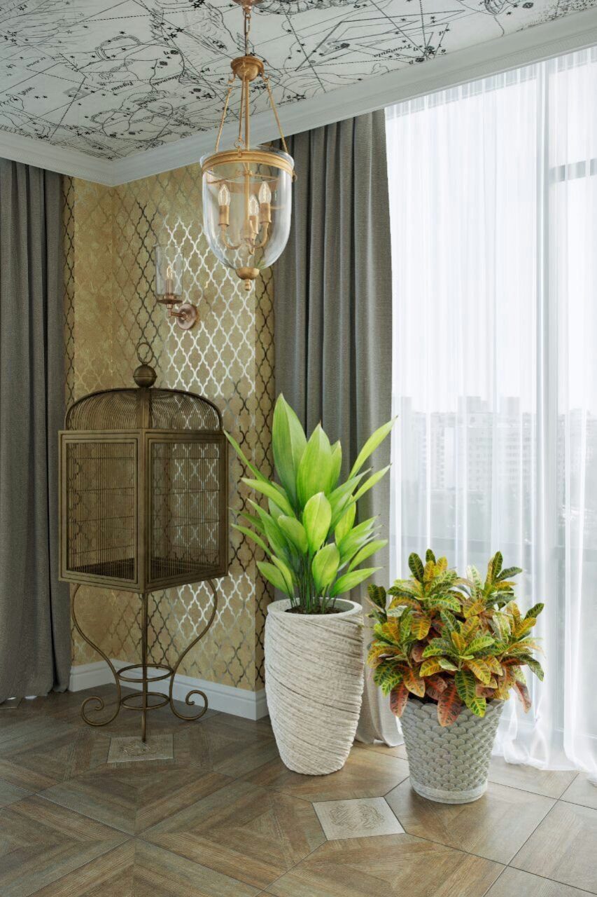 Bright room with tropical plants and a gilded birdcage