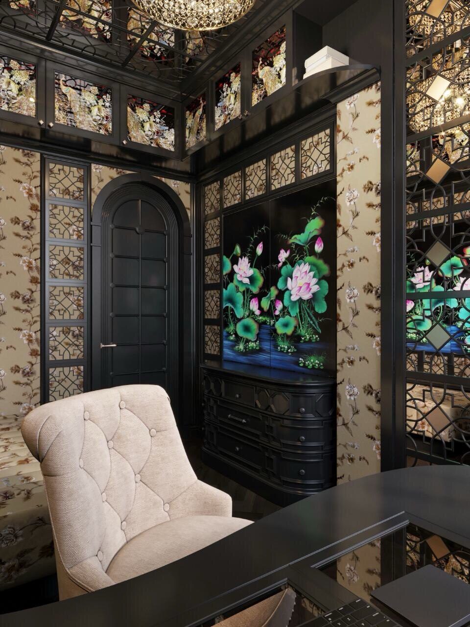 Study with an upholstered armchair and decorative wall panels