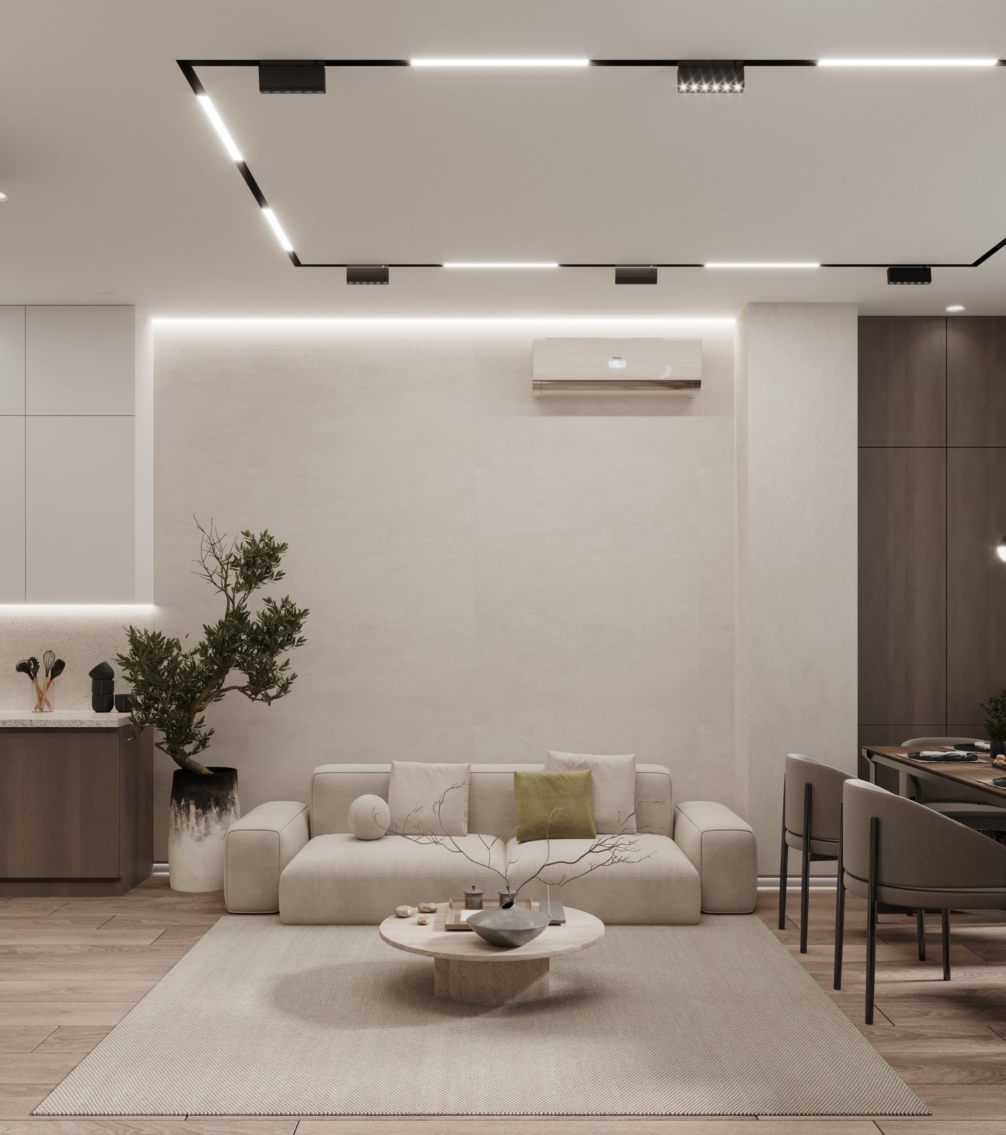 Light living room with a modular sofa, round coffee table and dining area