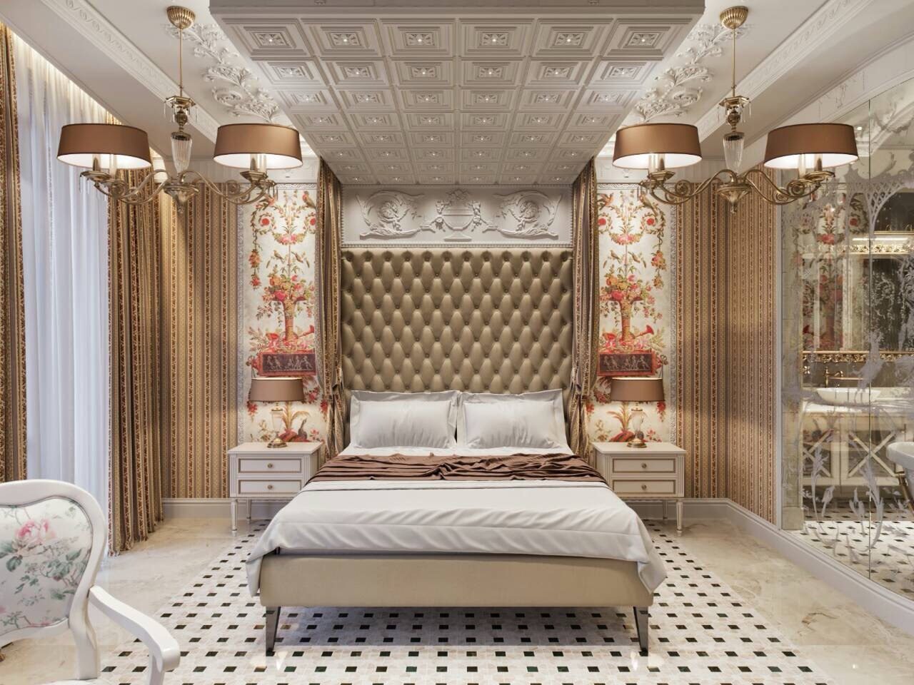 Classic bedroom with a tufted headboard, chandeliers and patterned floor tiles
